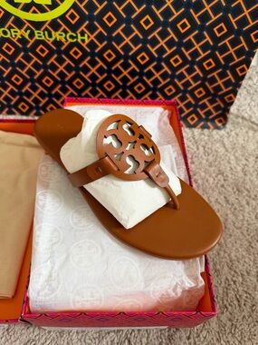 Tory Burch Miller Soft Leather Sandals Bourbon Miele Size 9.5 Brown Tan
